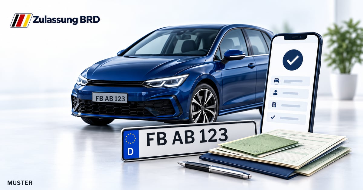 Online Fahrzeugzulassung in Nidda: Musterkennzeichen FB AB 123, Auto und Fahrzeugpapiere und Smartphone. Illustration mit Logo von Zulassung BRD.